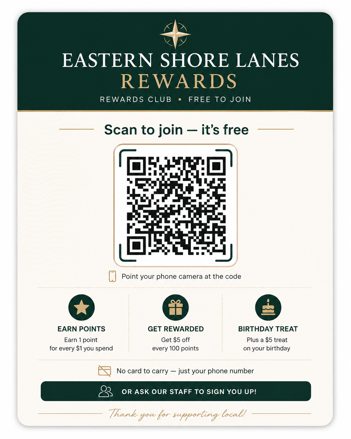 Eastern Shore Lanes Rewards flyer with QR code