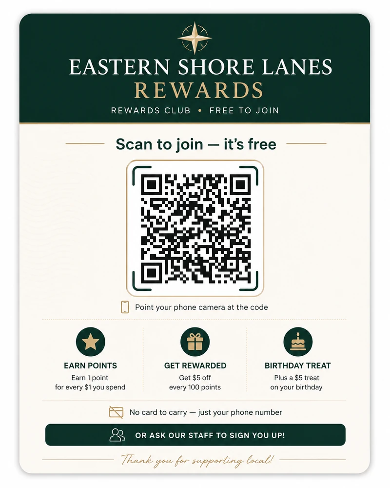 Eastern Shore Lanes Rewards flyer with QR code