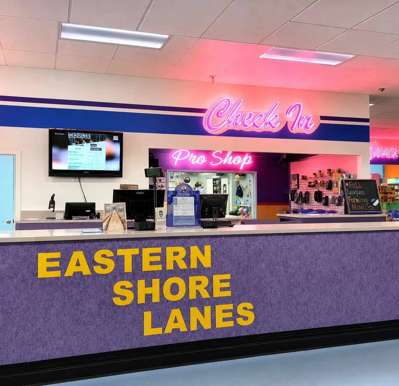 Front desk, pro shop, and check-in at Eastern Shore Lanes
