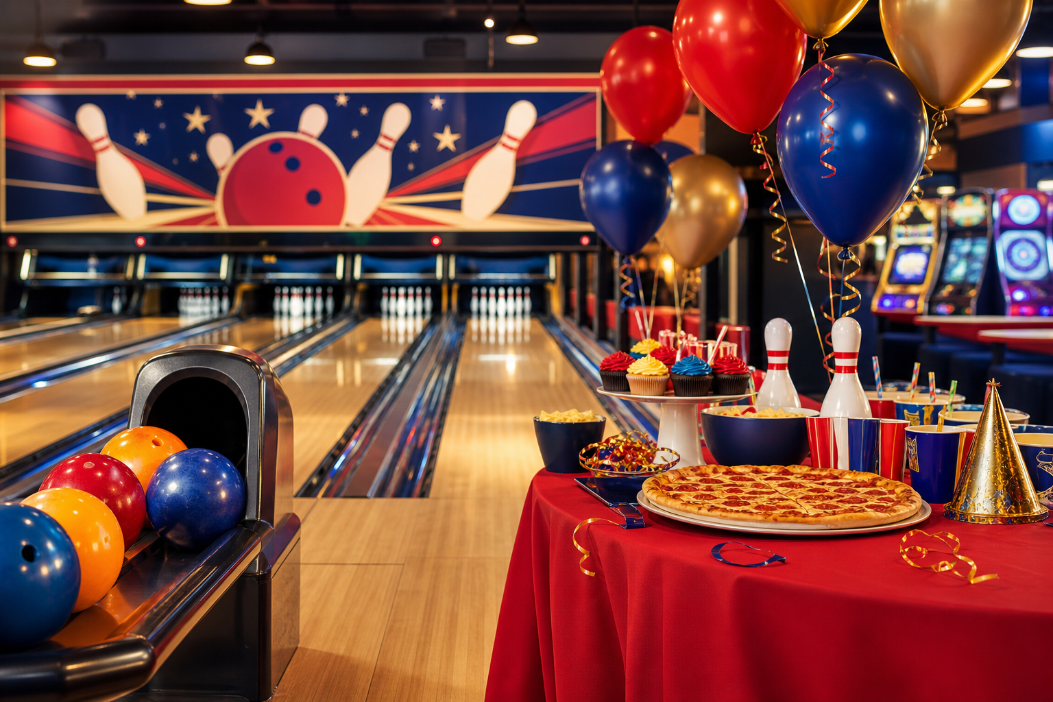 Birthday party setup with bowling lanes, pizza, and balloons