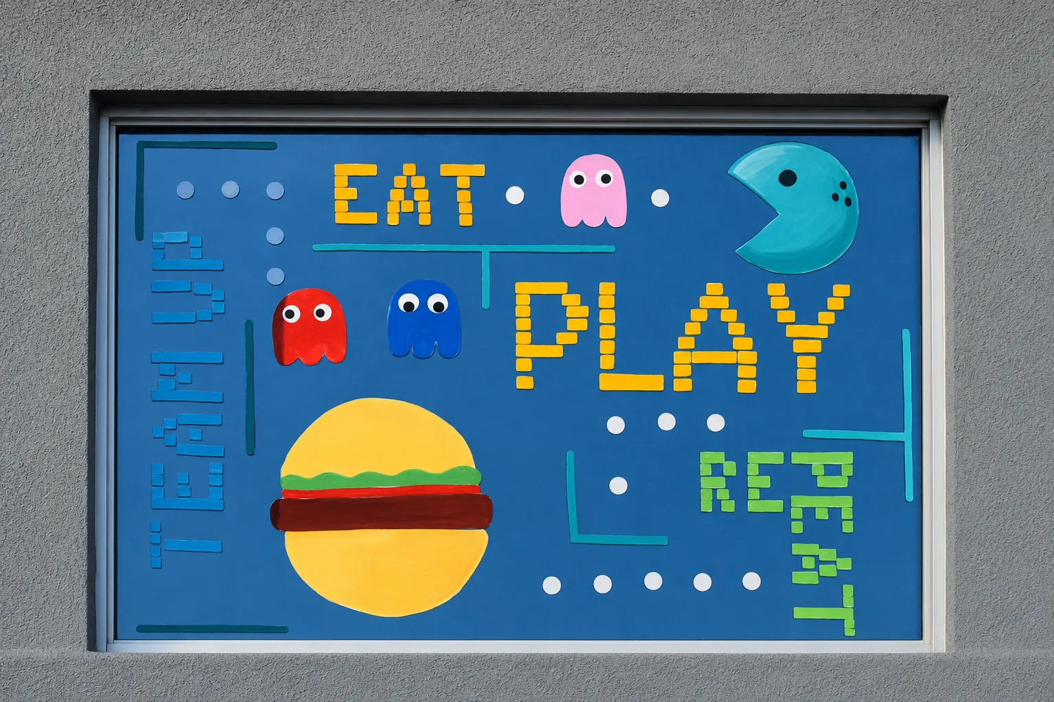 Eat Play Repeat arcade mural at Eastern Shore Lanes