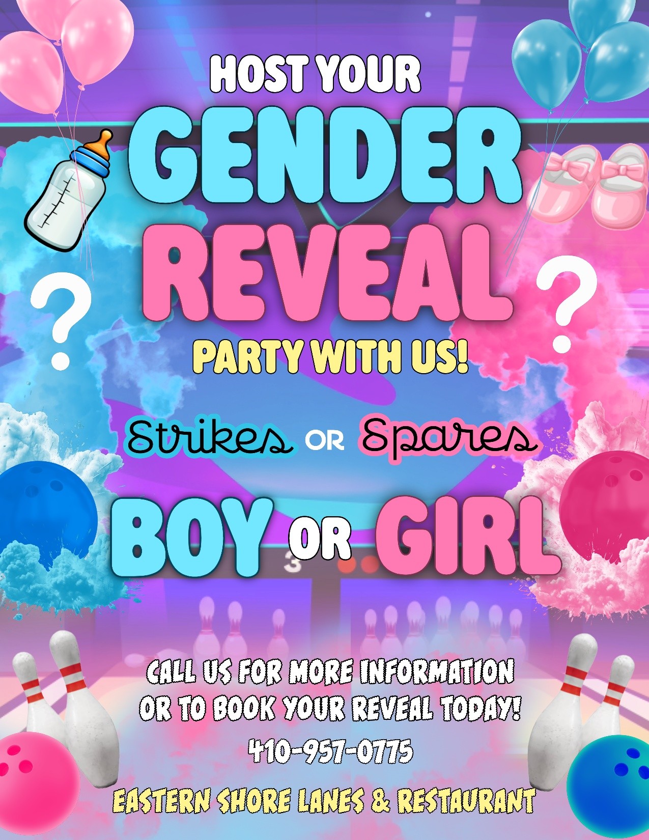 Gender Reveal party flyer for Eastern Shore Lanes.