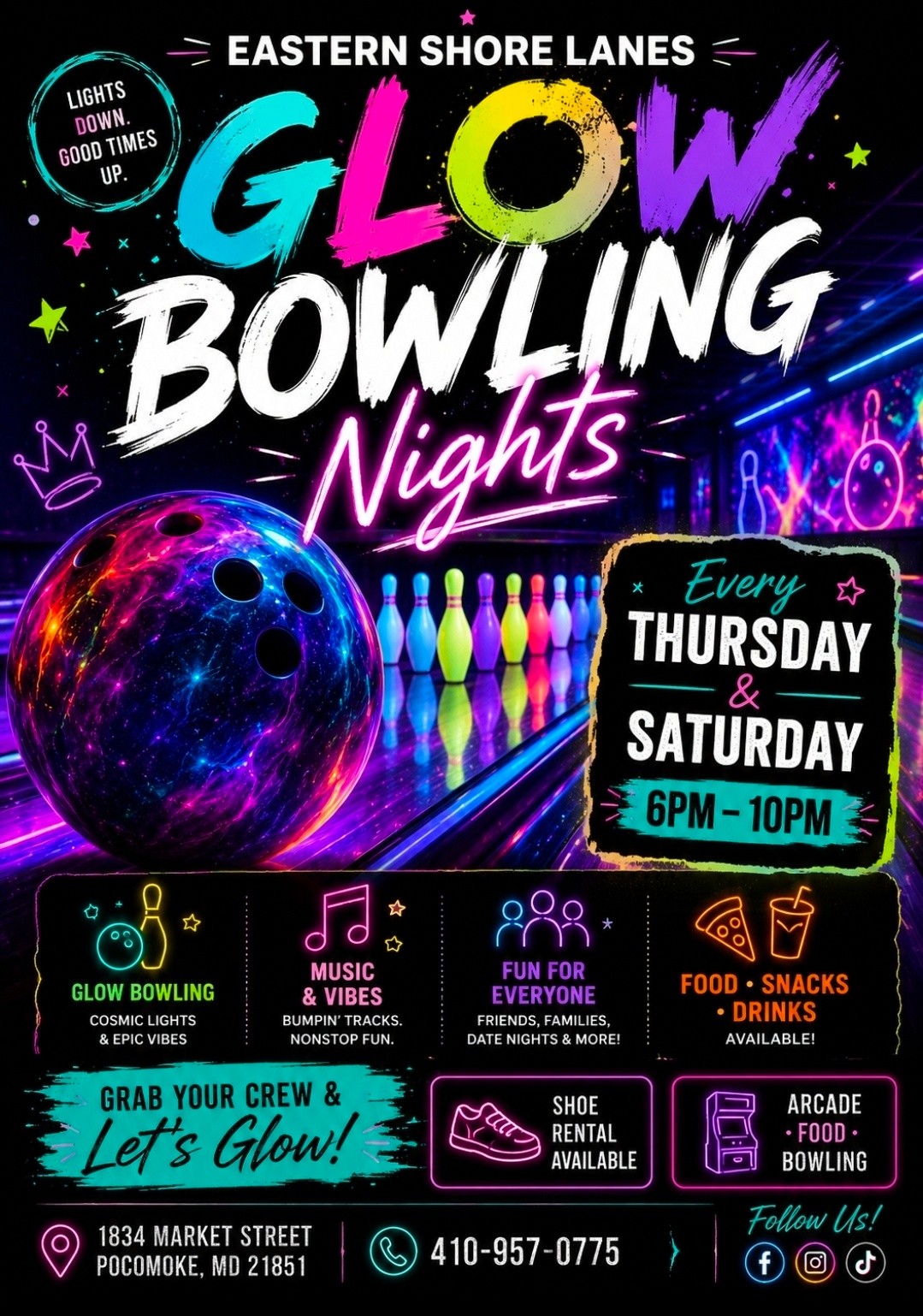 Glow Bowl flyer, every Thursday and Saturday 6pm to 10pm.