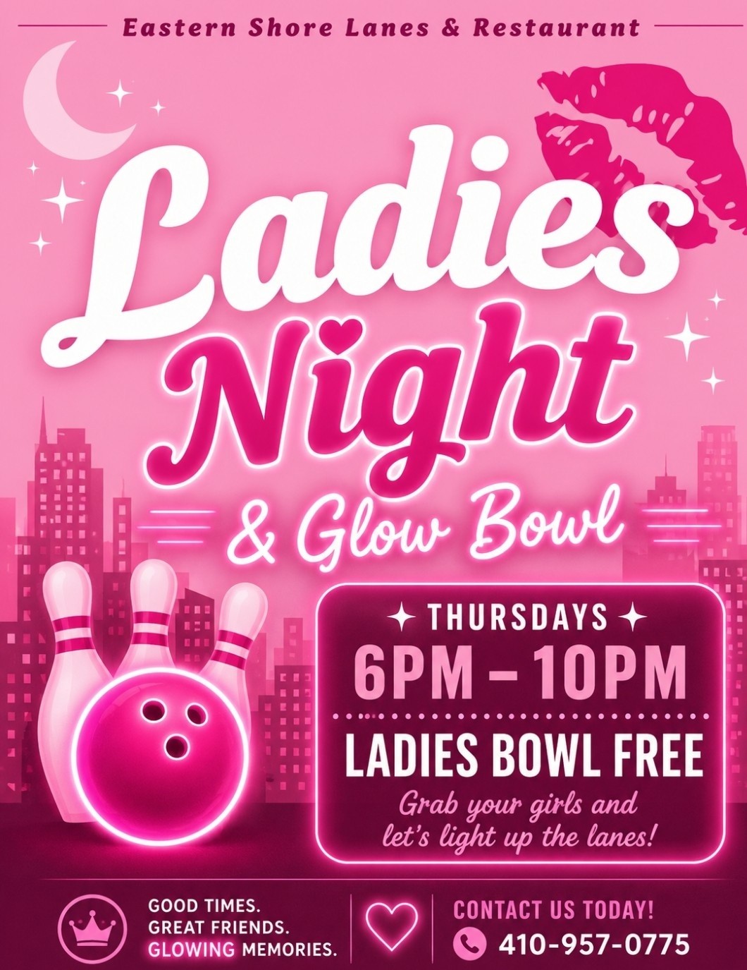 Ladies Night and Glow Bowl flyer, Thursdays 6pm to 10pm, ladies bowl free.