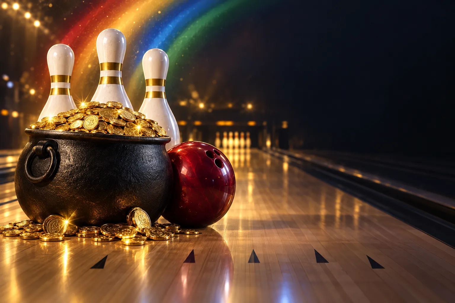 A pot of gold coins on a bowling lane, with pins and a red bowling ball